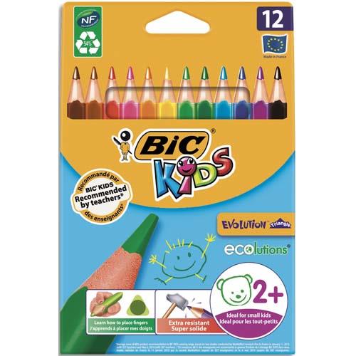 [677638] BIC KIDS Evolution Triangle ECOlutions Crayons de couleur Triangulaires - Assortis, Etui Carton de 12