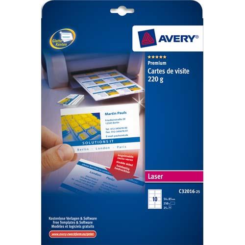 [697460] AVERY Pochette de 250 cartes de visite (85x54 mm) 220g coins droits Laser finition satinée