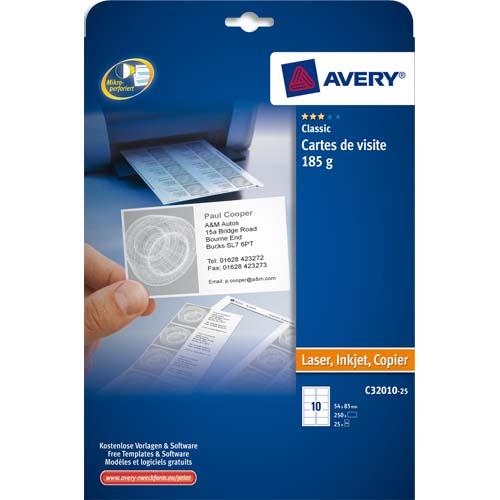[697479] AVERY Pochette de 250 cartes de visite microperforées (85x54 mm) 185g coins droits finition mate