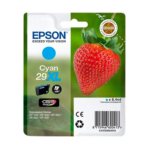 [138170] EPSON Cartouche Jet d'Encre Claria Home Cyan XL ''Fraise'' 29 (T2992) - C13T29924012 (dont eco-taxe de 0,01 €)