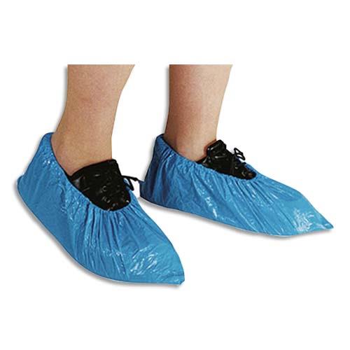 [702239] Lot de 100 Surchaussures en polyéthylène imperméables avec ourlet cheville taille unique Bleues