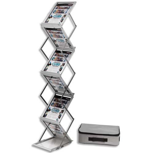 [702320] DEFLECTO Présentoir sur pied pliable aluminium avec malette de transport 6 niveaux pour A4