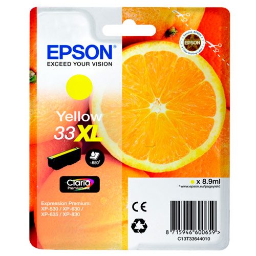 [138463] EPSON Cartouche Jet d'Encre Claria Premium Jaune (XL) ''Oranges'' 33 (T3364) - C13T33644012 (dont eco-taxe de 0,01 €)