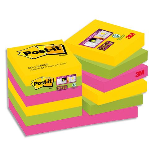 [704282] POST-IT Lot de 12 blocs Super Sticky CARNIVAL 90F 47,6x47,6mm, coloris Jaune néon, Vert néon, Fuchsia