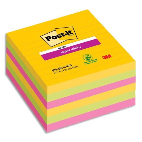[704285] POST-IT Lot de 6 blocs 90F Super Sticky CARNIVAL lignées 101x101 mm, Jaune néon, Fuchsia, méditerranée