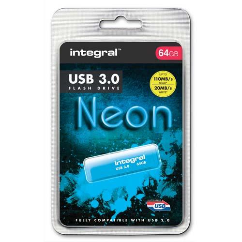 [704618] INTEGRAL Clé USB 3.0 Neon 64Go Bleue INFD64GBNEONB3.0 (dont eco-taxe de 0,01 €) (dont taxe copie privée de 2,80 €)