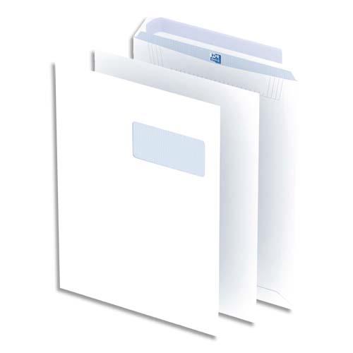 [705091] OXFORD Boîte de 250 pochettes Blanches auto-adhésives 100g format C4 229x324 mm avec fenêtre 55x100 mm