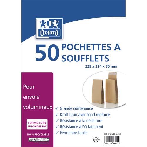 [705102] OXFORD Paquet de 50 pochettes kraft auto-adhésives 120g format C4 229x324 mm, soufflet 30 mm