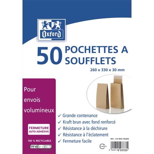[705103] OXFORD Paquet de 50 pochettes kraft auto-adhésives 120g format 24 260x330 mm, soufflet 30 mm