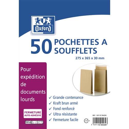 [705110] OXFORD Paquet de 50 pochettes kraft armé blond auto-adhésives 120g format 275x365 mm à soufflets de 30 mm