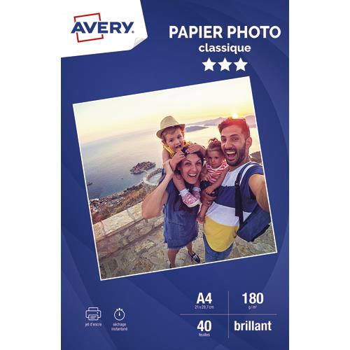 [705585] AVERY Boîte de 40 feuilles de papier photo brillant A4, Jet d'encre, 180 g/m²