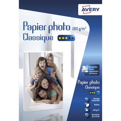 [705586] AVERY Boîte de 80 feuilles de papier photo brillant 10x15cm, Jet d'encre, 180 g/m²