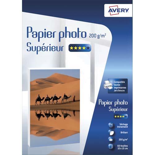 [705588] AVERY Boîte de 60 feuilles de papier photo brillant 10x15cm, Jet d'encre, 200g/m²