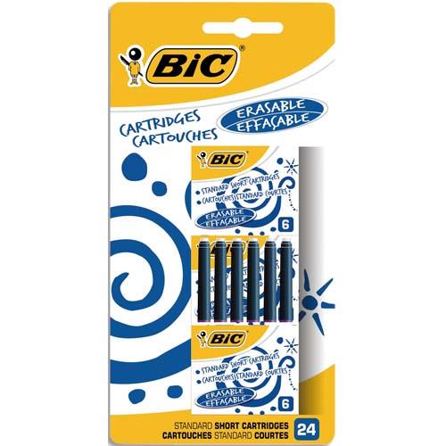 [706392] BIC Cartouches d'Encre Courtes Standard pour Stylos-Plume - Bleu Effaçable, Blister de 24