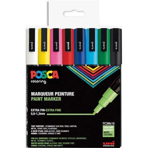 [706399] POSCA Pochette 16 marqueurs peinture à eau, encre pigmentation assortie, pte fine PC3M/16AASS21
