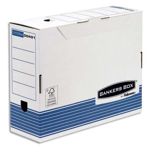[140477] BANKERS BOX Boîte archives dos 10cm SYSTEM, montage automatique, carton recyclé Blanc/Bleu
