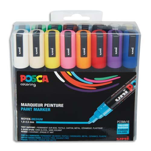 [706400] POSCA Pochette 16 marqueurs peinture à eau, encre pigmentation assortie, pte moy PC5M/16A ASS22