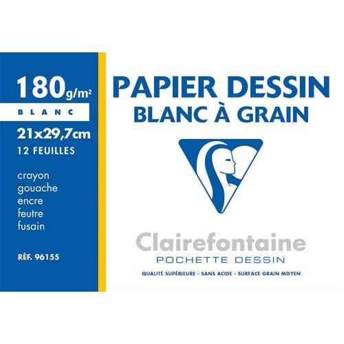 [755418] CLAIREFONTAINE Pochette de 12 feuilles papier dessin Blanc A4 180g Ref-96155