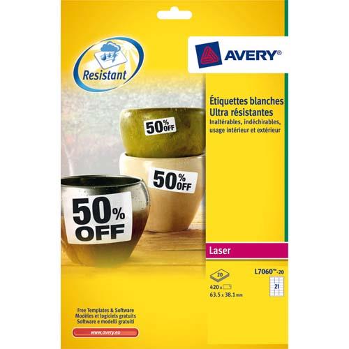 [756375] AVERY Boîte de 420 etiquettes Laser inalterables Blanches 63,5x38,1 L7060-20