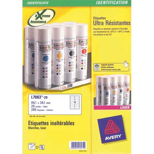 [756383] AVERY Boîte de 280 etiquettes Laser inalterables Blanches 99,1x38,1 L7063-20
