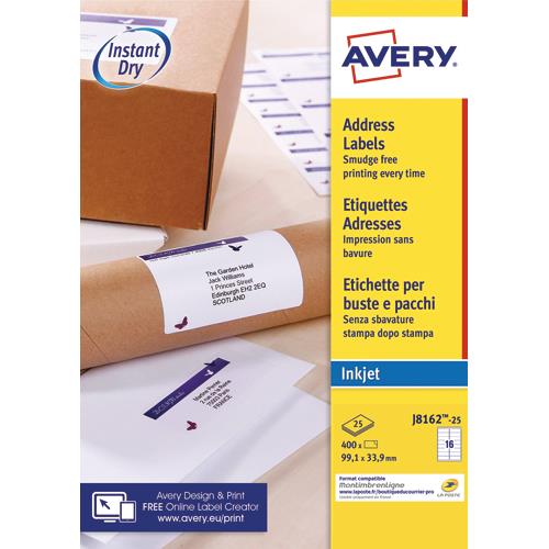 [757141] AVERY Boîte de 400 étiquettes adresses Jet d'encre 99,1x33,9mm Blanches J8162-25