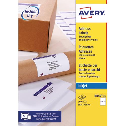 [757184] AVERY Boîte de 100 étiquettes adresses Jet d'encre 99,1x139 mm Blanches J8169-25
