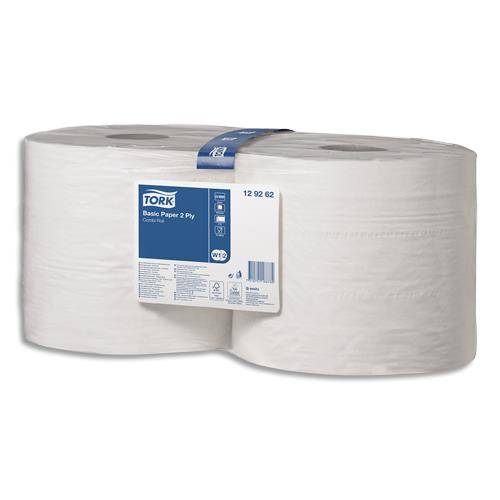 [761498] TORK Lot de 2 bobines Papier d'essuyage Basic dévidage central 2 plis 1000formats prédécoup 350m Blanc