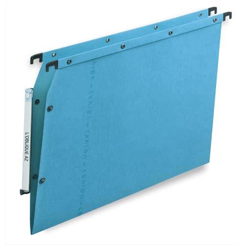 [762221] OBLIQUE AZ Boîte de 25 dossiers suspendus ARMOIRE en kraft 240g. Fond V, bouton-pression. Bleu