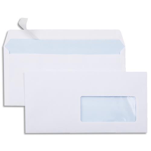 [773630] Boîte de 500 enveloppes Blanches 80g DL 110x220 mm fenêtre 45x100 mm auto-adhésives
