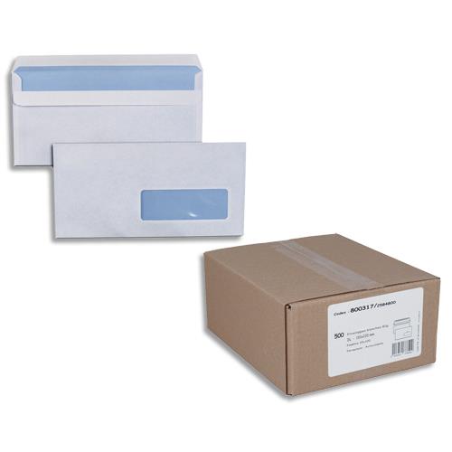 [800317] Boîte de 500 enveloppes Blanches 80g DL 110x220 mm fenêtre 35x100 mm autocollantes