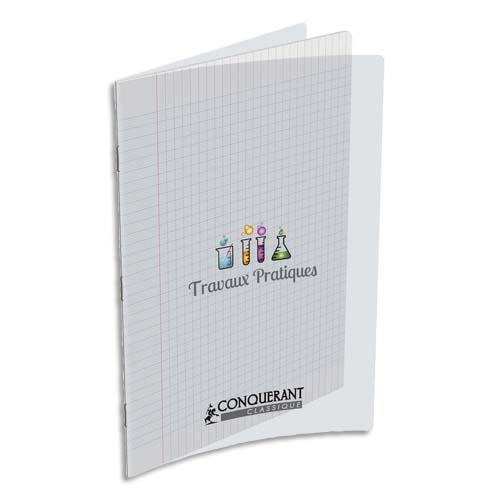 [143573] CONQUERANT 9 Cahier Travaux Pratique piqûre 17x22cm 32 pages Seyès+32 pages unies.Couverture PP incolore