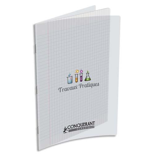[143586] CONQUERANT 9 Cahier TP piqûre 24x32cm 48 pges grands carreaux Seyès+48 pges unies. Couverture PP incolore