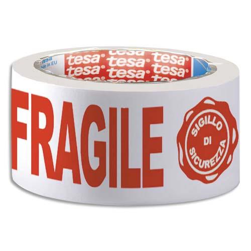 [844302] TESA Adhésif d'emballage en PP Blanc imprimé Rouge Fragile silencieux 48 microns - H50 mm x L66 mètres