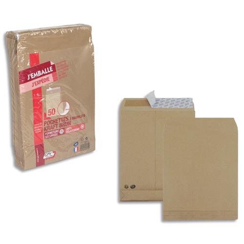 [854390] GPV paquet de 50 pochettes kraft brun auto-adhésif, format C4 229x324mm soufflet 30mm120g