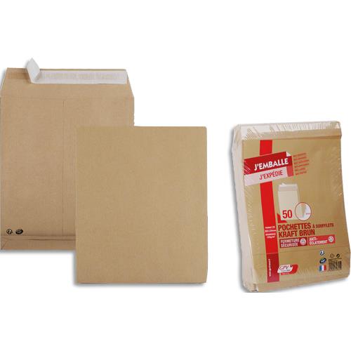 [854405] GPV paquet de 50 pochettes kraft brun auto-adhésif, format 24 260x330mm soufflet 30mm120g