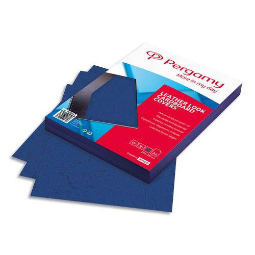 [900037] PERGAMY Boîte de 100 plats de couverture grain cuir A4 250gr Bleu 900037