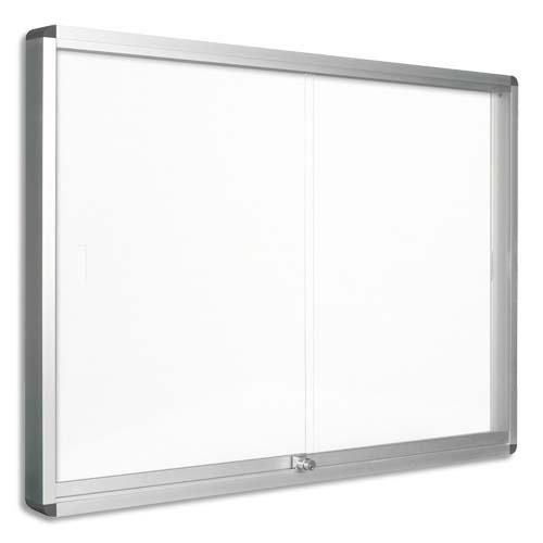 [900717] PERGAMY Vitrine d'intérieur fond magnétique laqué Blanc, portes coulissantes, cadre alu - 12 feuilles A4 (dont eco-taxe mobilier de 0,55 €)