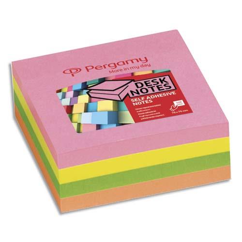 [900761] PERGAMY Bloc cube de 320 feuilles repositionnables dimensions 7,6x7,6cm. Coloris assortis néon