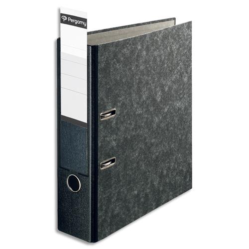 [900795] PERGAMY Classeur à levier carton Gris int/ext marbré. Dos 8 cm. Format A4. Porte-étiquette soudé. Noir