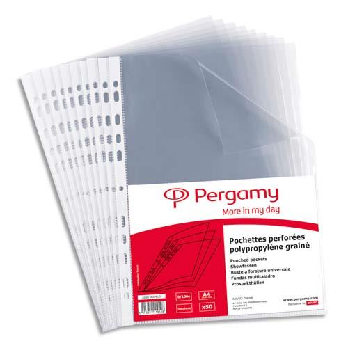 [900966] PERGAMY Sachet de 50 pochettes perforées en polypropylène 9/100e lisse, perforation 11 trous