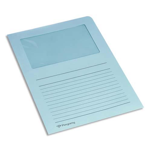 [901156] PERGAMY Paquet 100 pochettes coin en carte 120g avec fenêtre. Dimensions 22 x 31 cm. Coloris Bleu clair
