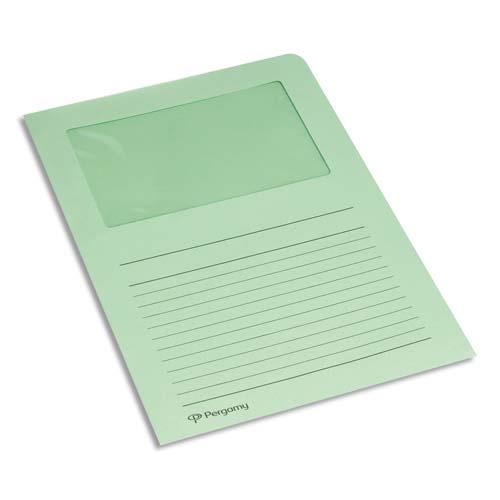 [901158] PERGAMY Paquet 100 pochettes coin en carte 120g avec fenêtre. Dimensions 22 x 31 cm. Coloris Vert clair
