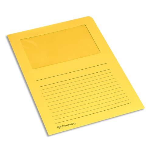[901159] PERGAMY Paquet 100 pochettes coin en carte 120g avec fenêtre. Dimensions 22 x 31 cm. Coloris Jaune clair