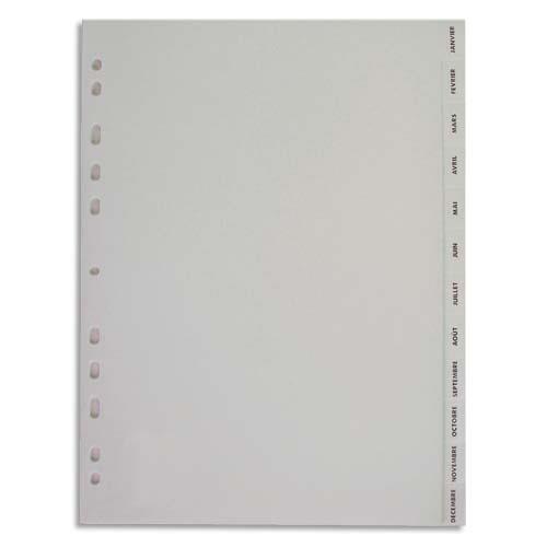 [901610] PERGAMY Jeu 12 intercalaires mensuels Janvier-Décembre polypropylène format A4. Coloris Blanc