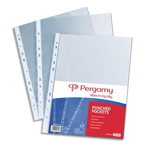 [901695] PERGAMY Boîte 100 pochettes perforées polypropylène lisse 12/100ème format A4. Coloris incolore