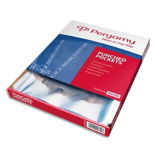 [901707] PERGAMY Boîte 100 pochettes perforées polypropylène grainé 12/100ème format A4. Coloris incolore