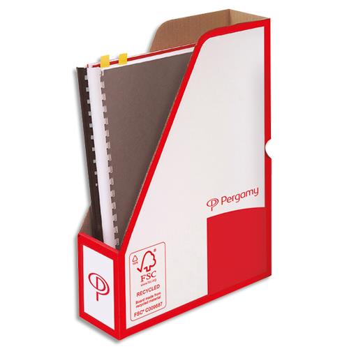 [903504] PERGAMY Porte-revues dos 8 cm. Montage Manuel. Kraft ondulé. Blanc imprimé rouge