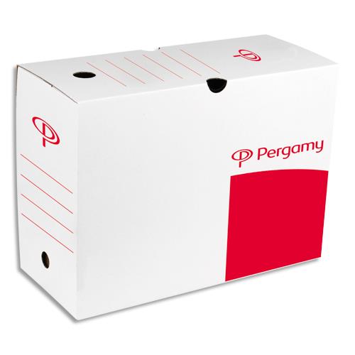[930766] PERGAMY Boîte archive dos 20 cm. Montage automatique. Kraft ondulé. Blanc imprimé rouge