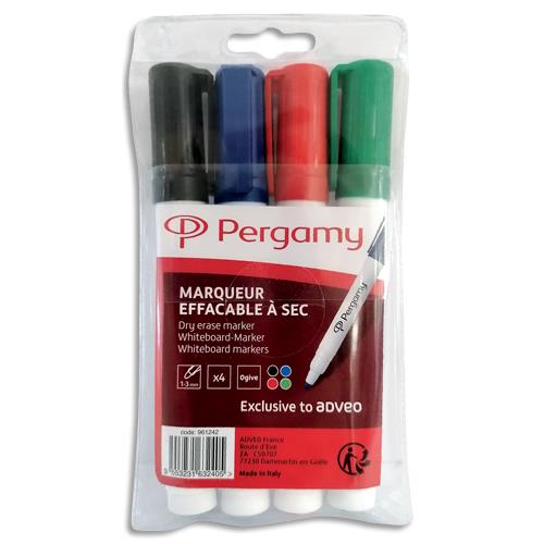 [961242] PERGAMY Pochette de 4 marqueurs effaçables à sec pointe ogive 4 couleurs assorties