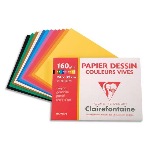 [976350] CLAIREFONTAINE Pochette de 12 feuilles papier dessin couleur teintes vives 160g 24x32 Ref-96770